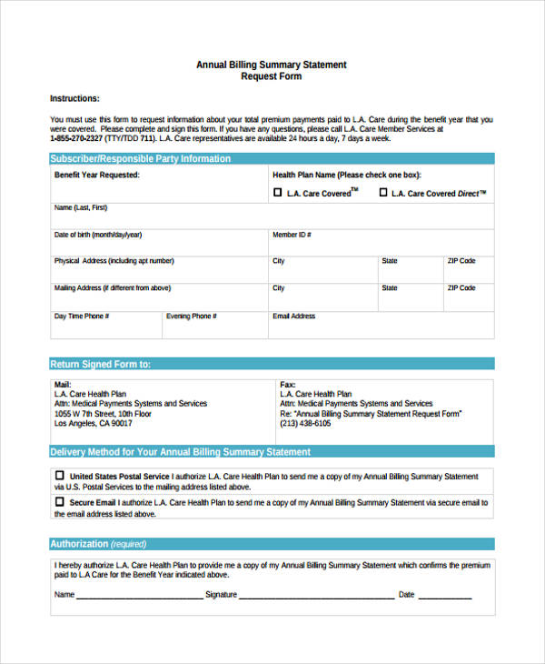 annual billing summary statement request form