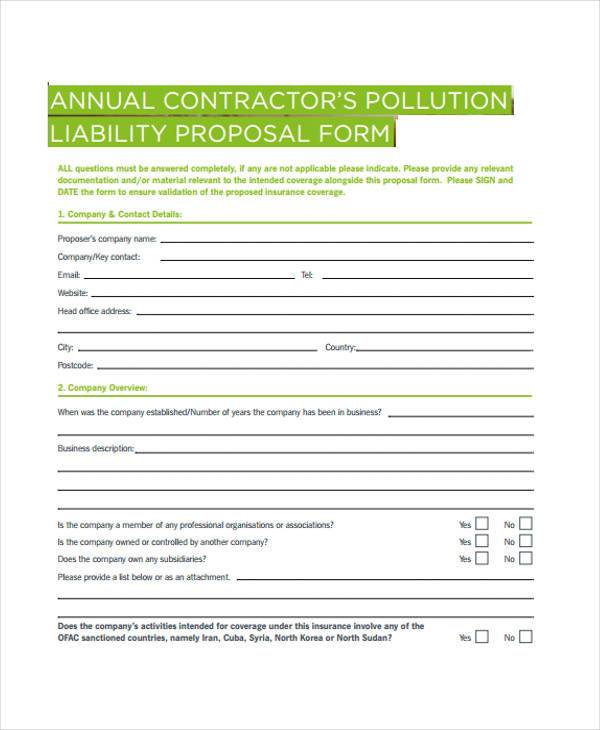 annual contractor pollution liability proposal form