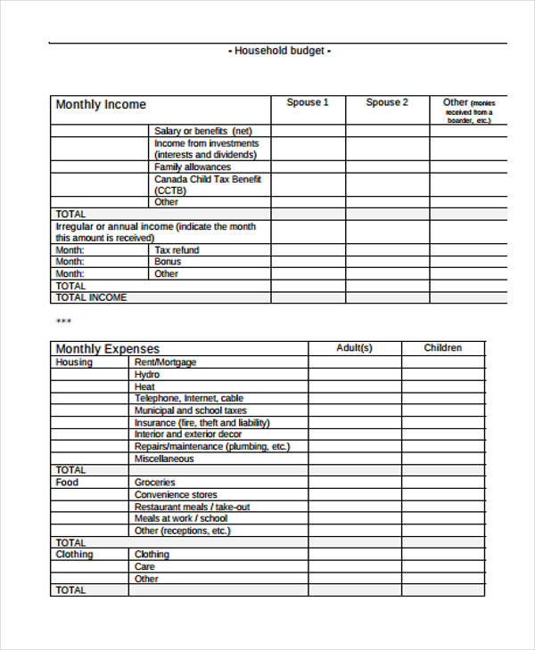 annual household budget form pdf