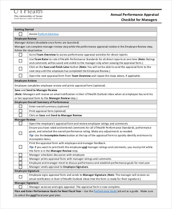annual performance appraisal checklist form