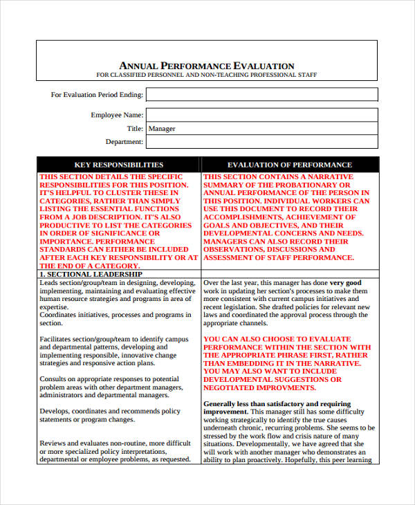 annual performance employee evaluation form