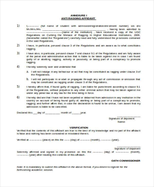 anti ragging affidavit form word