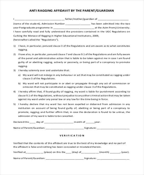 anti ragging affidavit format by parents
