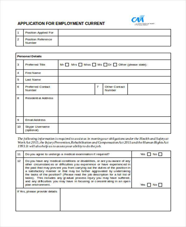 application for employment form for current