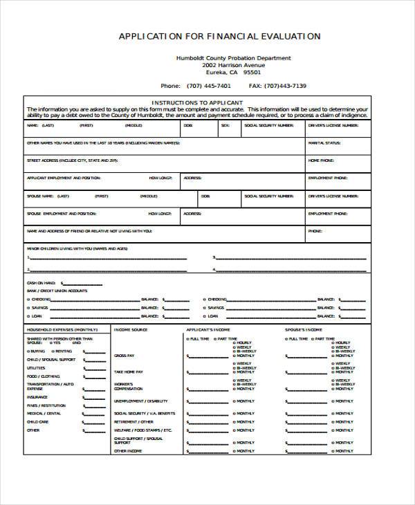 application for financial evaluation form