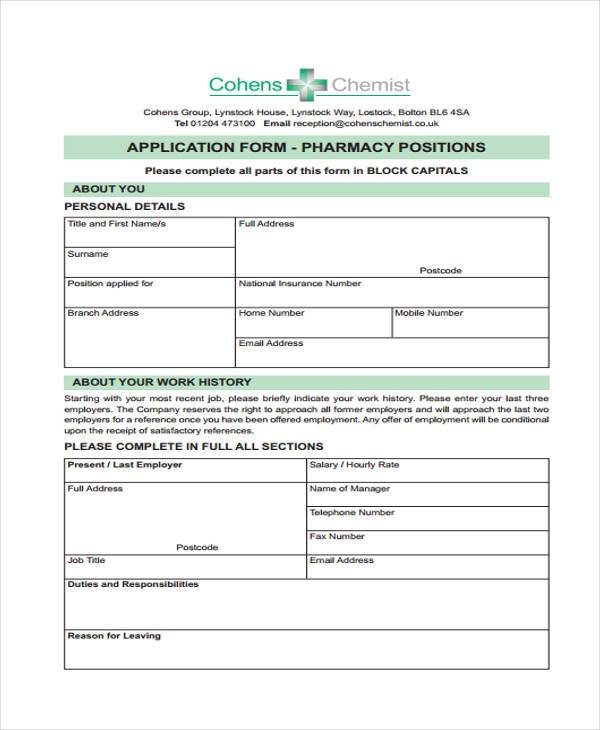 application form pharmacy positions example