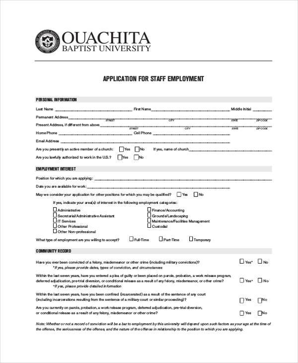 application for staff employment free