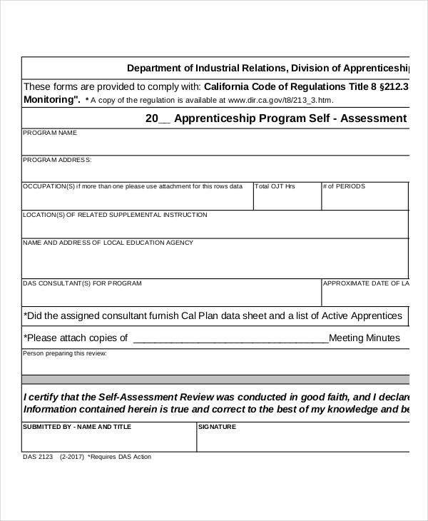 apprenticeship self assessment review form