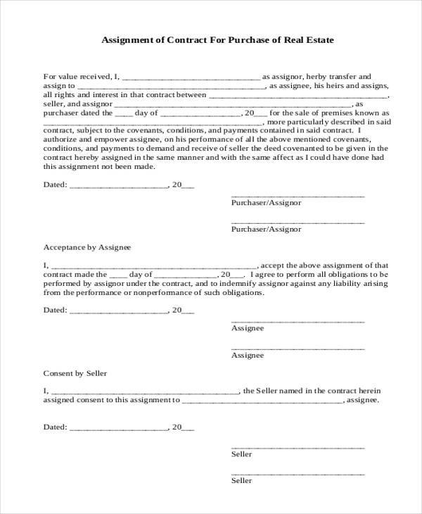assignment contract form for purchase of real estate