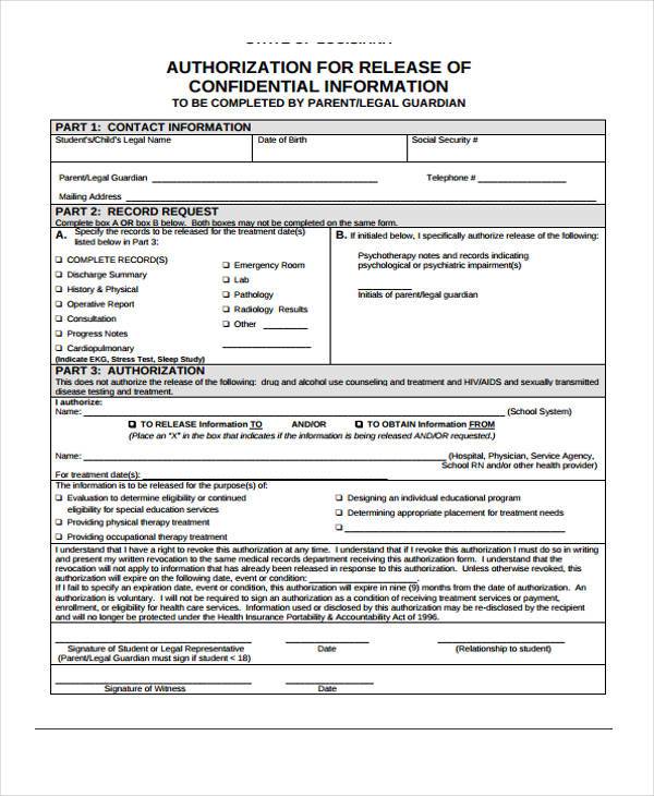 authorization confidential release of information form template