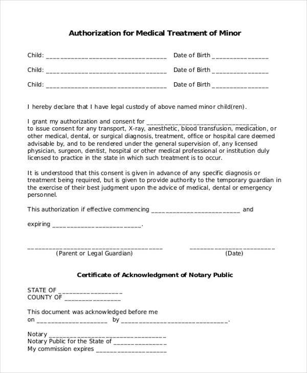 authorization form for minors medical treatment