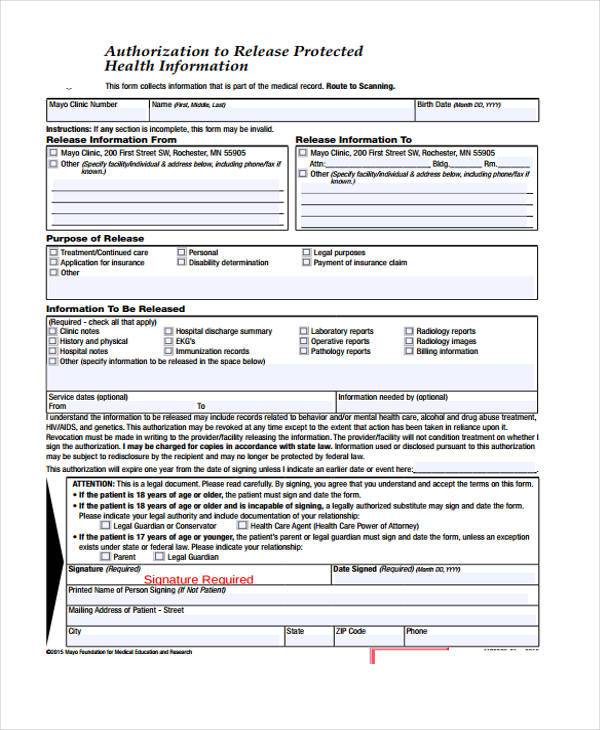 authorization protected health release of information form template