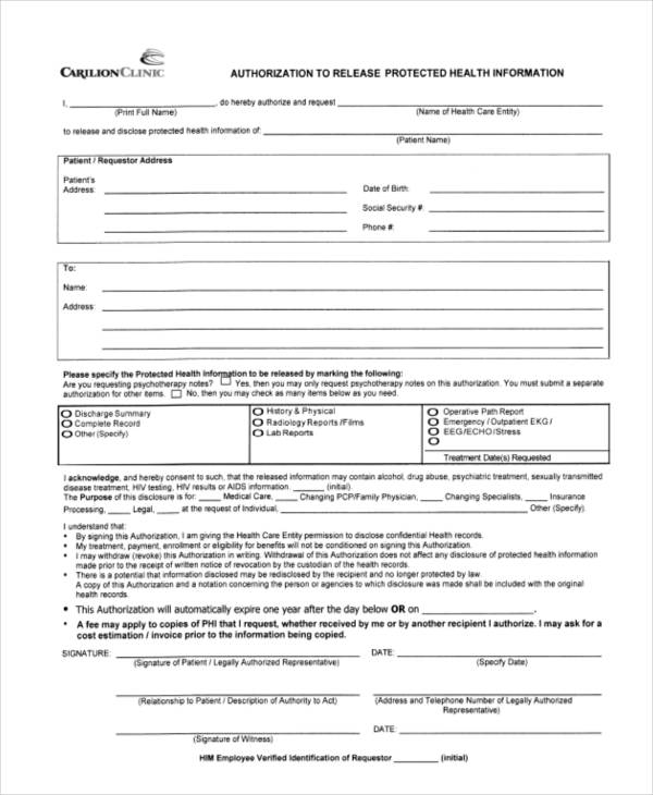 authorization release protected health form