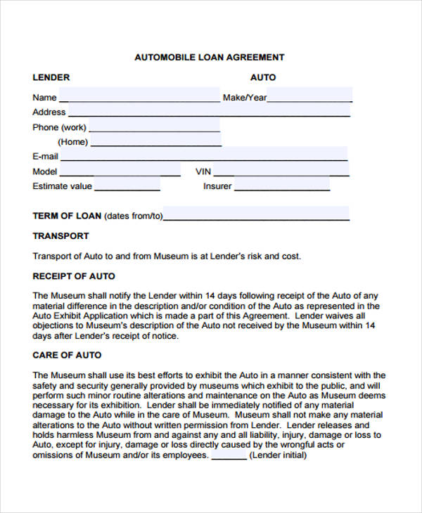 Vehicle Loan Agreement Template Free