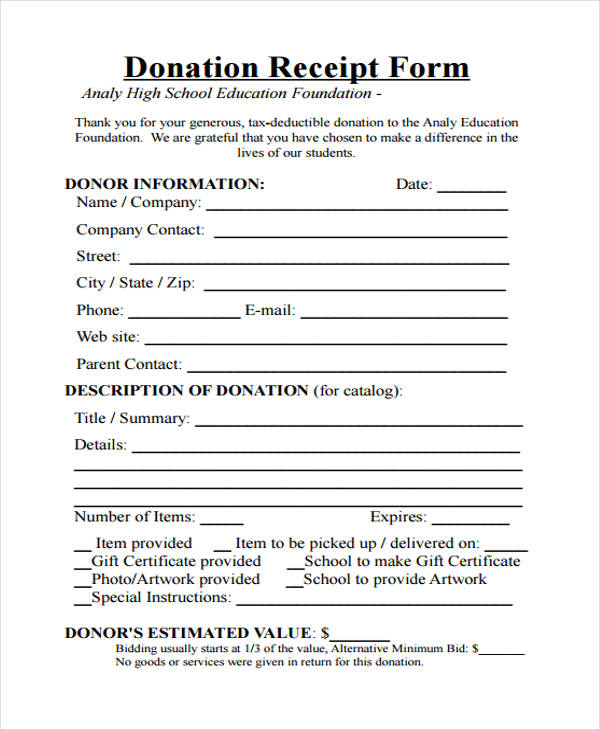 basic donation receipt form