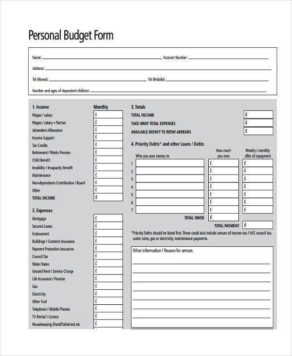 basic personal budget form