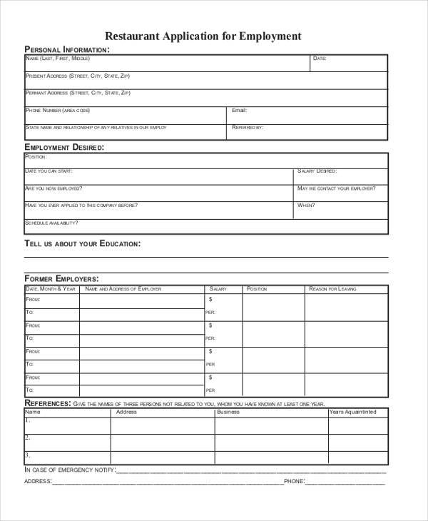 basic restaurant employment application form