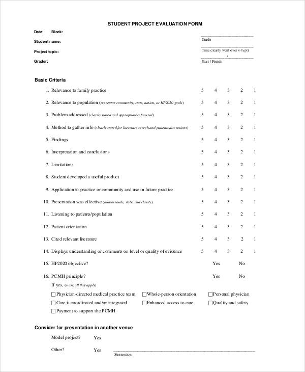 basic student project evaluation form
