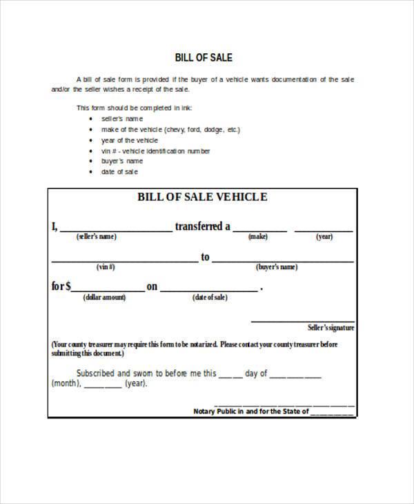 basic vehicle bill of sale form