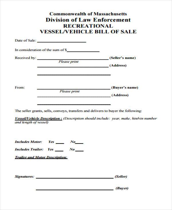 bill of sale form for boat and trailer