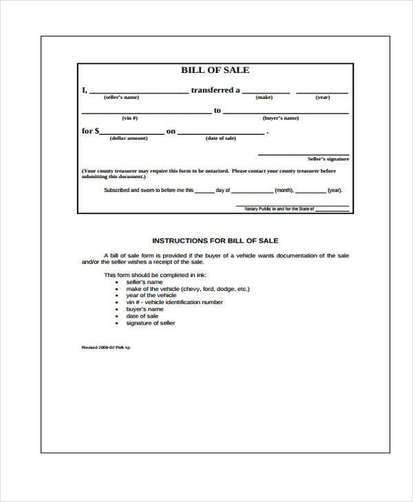 bill of sale form for car