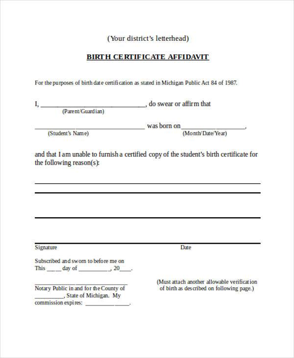 birth certificate affidavit form