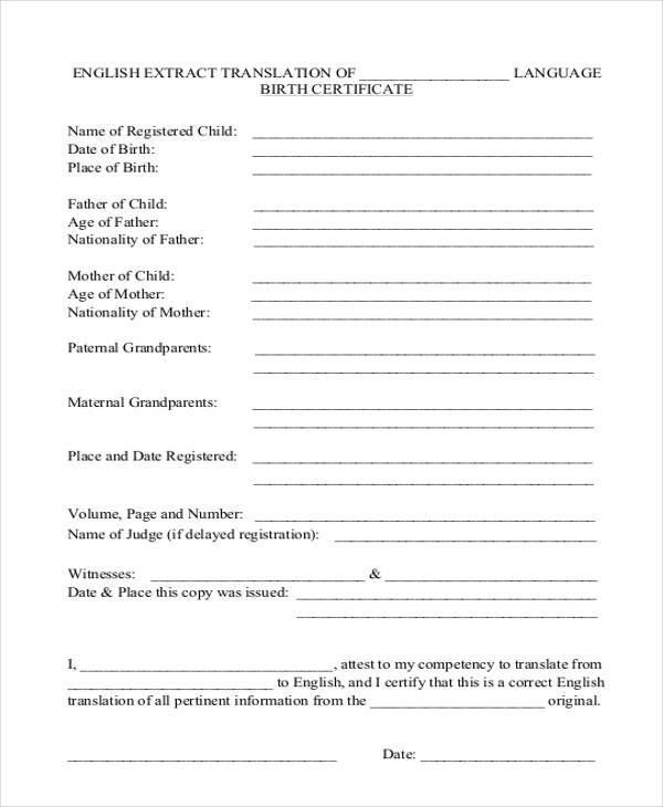 birth certificate translation form template