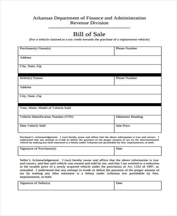 blank bill of sale for car