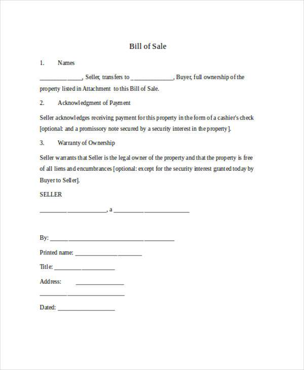 blank bill of sale form in word