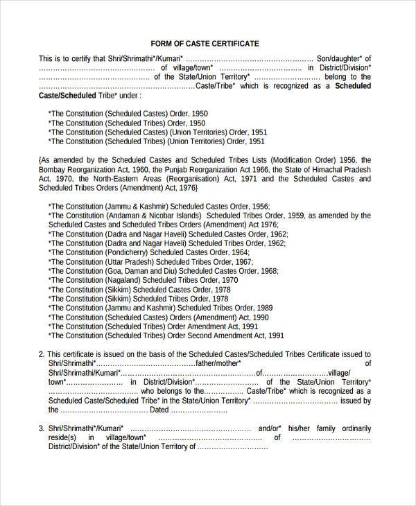 blank caste certificate form