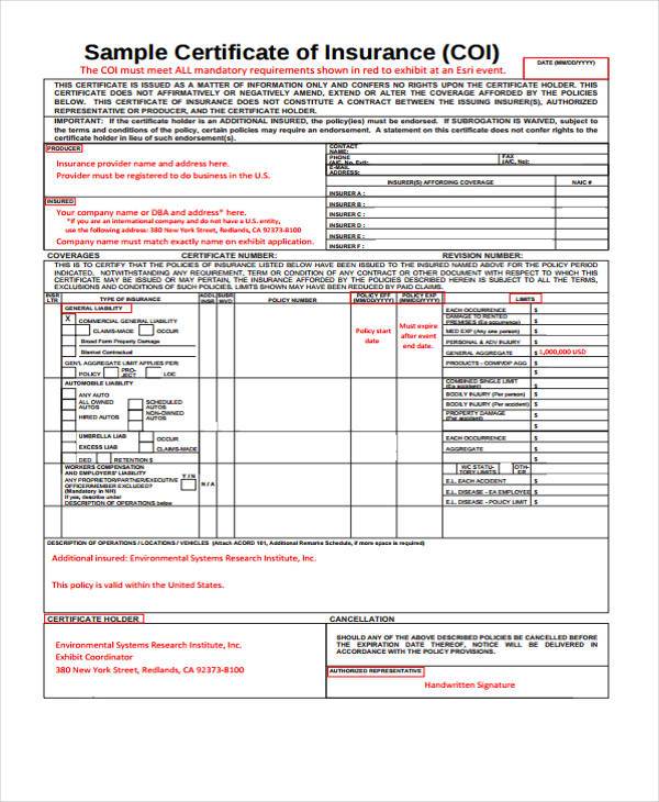 blank certificate of insurance form