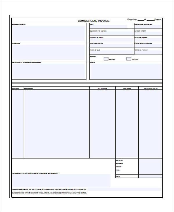 blank commercial invoice form1