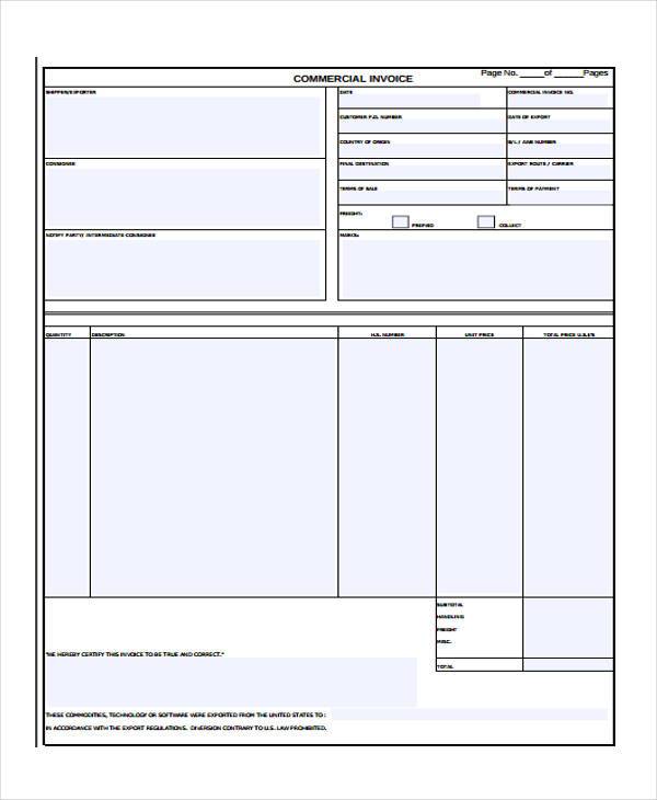 Blank Commercial Invoice Form Hot Sex Picture