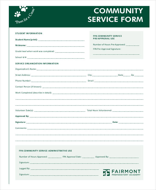 blank community service form template