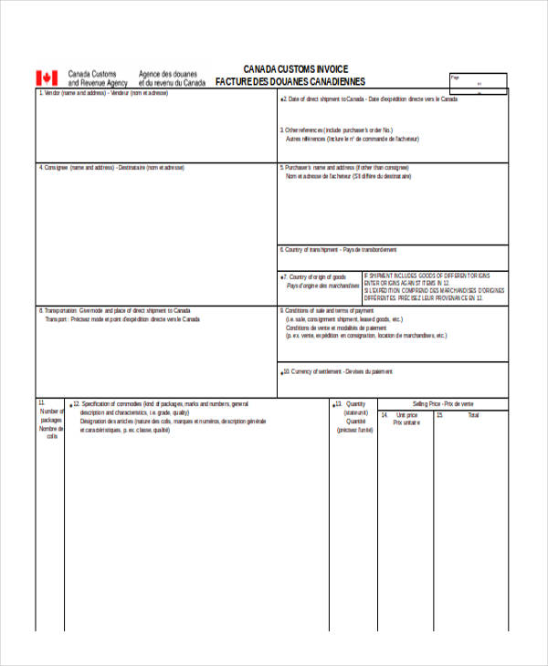 blank customs invoice form