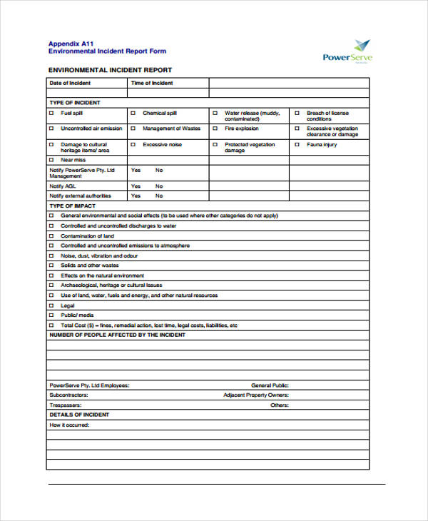 blank environmental incident report form