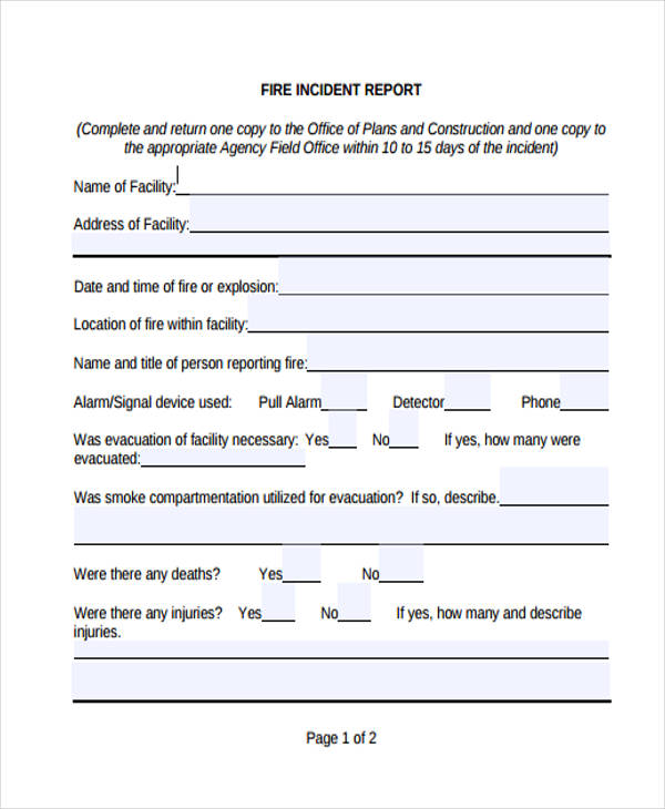 blank fire incident report form