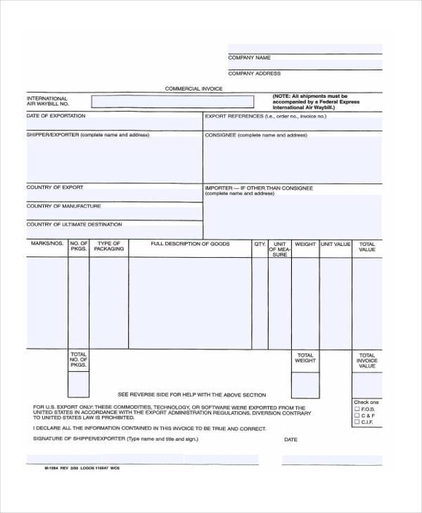 blank form of commercial invoice