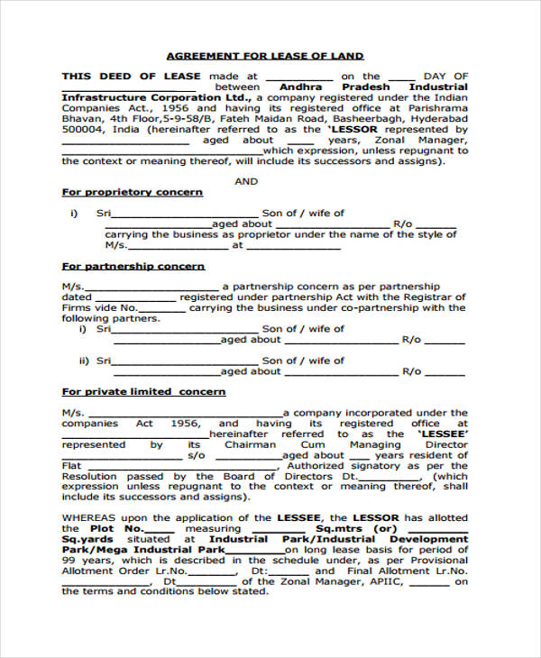 blank land lease agreement form