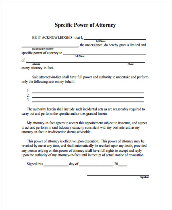 Special Power Of Attorney Free Template 9312