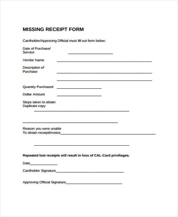 blank lost receipt form