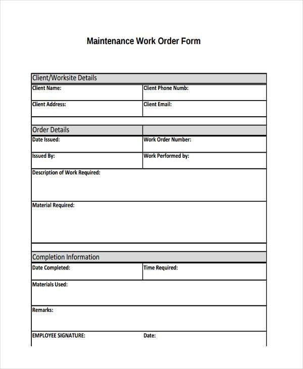 blank maintenance work order form