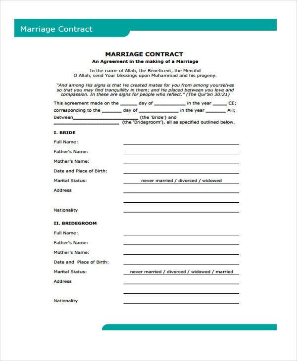 blank marriage contract form