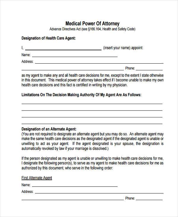 blank medical power of attorney form