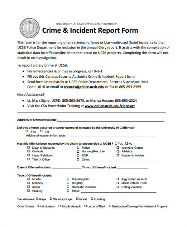 blank police incident report form