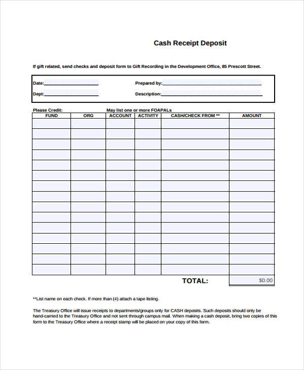 blank printable cash receipt deposit