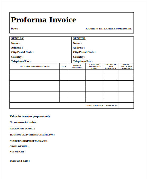 proforma invoice form blank in Word Invoice Forms