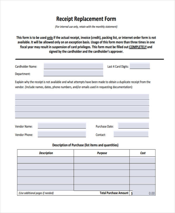 blank replacement receipt form