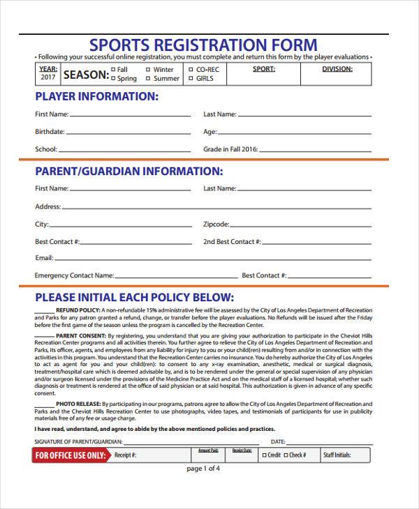 Printable Player Registration Form Template Word