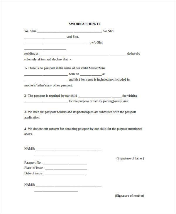 blank sworn affidavit form